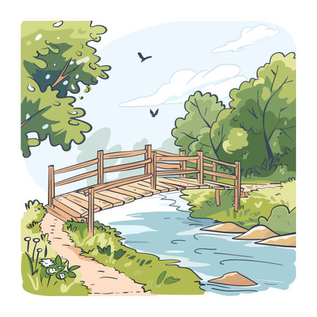 Wooden bridge over serene river amidst lush greenery park, clear blue sky above. Handdrawn vector illustration tranquil nature scene, perfect peaceful outdoor theme. Birds flying, trees, calm waterのイラスト素材