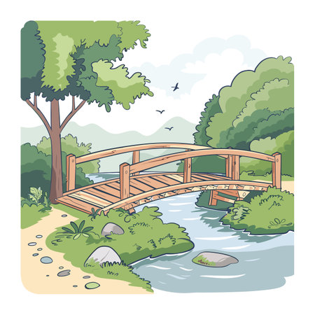 Wooden bridge over calm river, serene landscape, lush trees. Scenic countryside view, tranquil nature scene, outdoor escape. Peaceful park, relaxing environment, leisure walk, sunny dayのイラスト素材