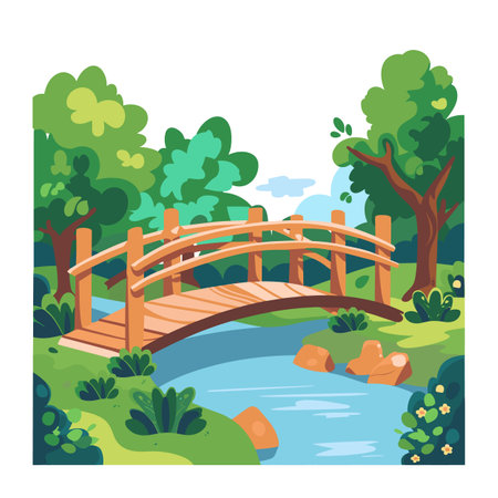 Wooden bridge over tranquil river lush green park scene. Cartoon illustration peaceful nature landscape. Bright sunny day serene nature background artworkのイラスト素材
