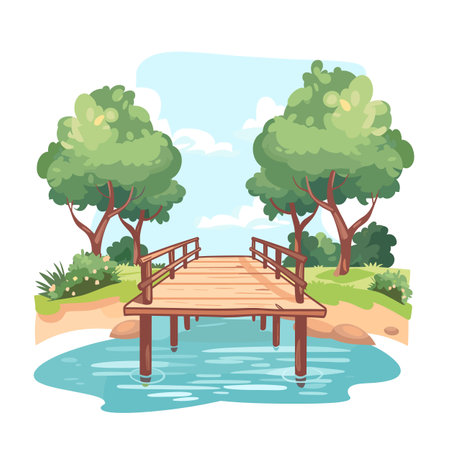 Wooden bridge over tranquil water amidst lush greenery under clear skies. Cartoon style wooden bridge crossing serene blue river surrounded nature. Scenic landscape gentle waterway, verdant treesのイラスト素材