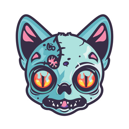 Stylized zombie cat illustration fiery eyes, teeth, stitches. Cartoon undead feline head vibrant colors. Creepy cute graphic design artwork isolated white backgroundのイラスト素材