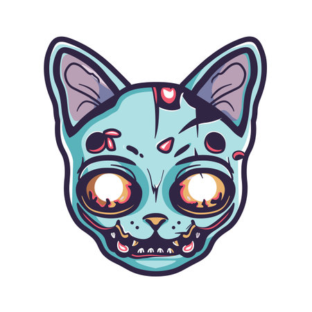 Zombie cat head illustration glowing eyes, blue fur, exposed teeth. Cartoon feline spooky eyes, bloody details, eerie appearance, animal graphic, blue zombie cat face horror elementsのイラスト素材