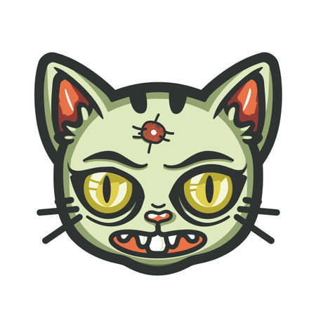 Zombie cat cartoon character looking spooky undead. Green skin, yellow eyes, exposed teeth stitched wound forehead. Creepy feline design Halloween cartoon style white backgroundのイラスト素材