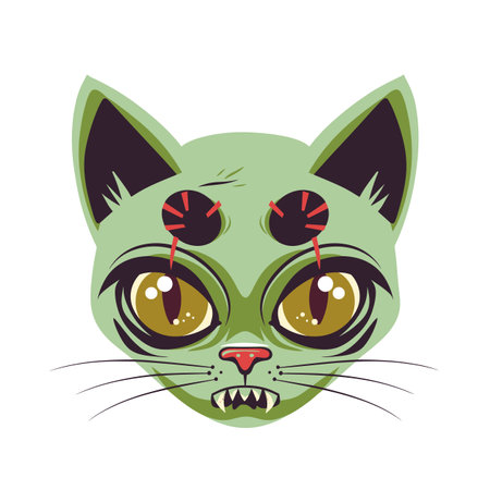 Zombie cat illustration hypnotic eyes red targets. Green undead feline drawing expressing horror theme. Cartoon style spooky kitty featuring Halloween elementsのイラスト素材