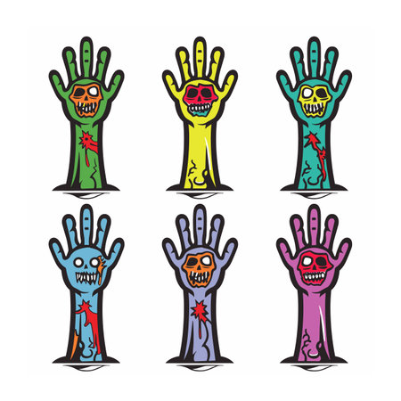 Six cartoon zombie hands raised, different color skull. Zombie hands cartoon style isolated white background, exposed bones wounds. Colorful undead limbs Halloween themed design, spooky humorousのイラスト素材