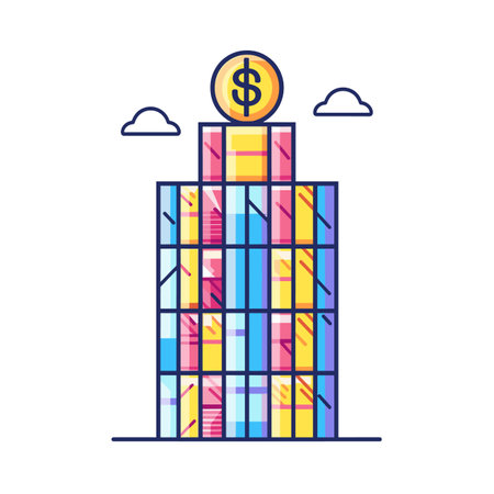 Illustration colorful skyscraper building topped large dollar coin against sky background. Modern architecture concept symbolizing corporate finance, economic growth. Flat style vector graphicのイラスト素材