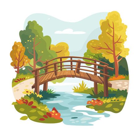 Wooden bridge over stream colorful autumn park. Peaceful landscape scene warm fall season. Cartoon illustration water reflection trees leavesのイラスト素材