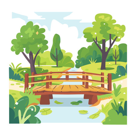 Peaceful park wooden bridge over tranquil pond, surrounded lush greenery under clear sky. Serene landscape illustration, nature scene trees, water, bridge summer setting. Cartoon wooden bridgeのイラスト素材