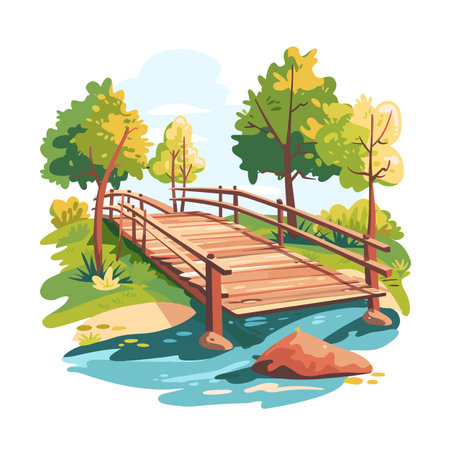 Wooden bridge over river cartoon style nature scene. Trees, shrubbery, water illustrated tranquil outdoor environment. Peaceful walking path across stream park setting, bright colors, daytimeのイラスト素材
