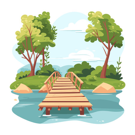 Wooden bridge crossing river lush green landscape. Clear sky, calm water, nature scenery, tranquil environment. Cartoon style outdoor setting, serene park illustrationのイラスト素材