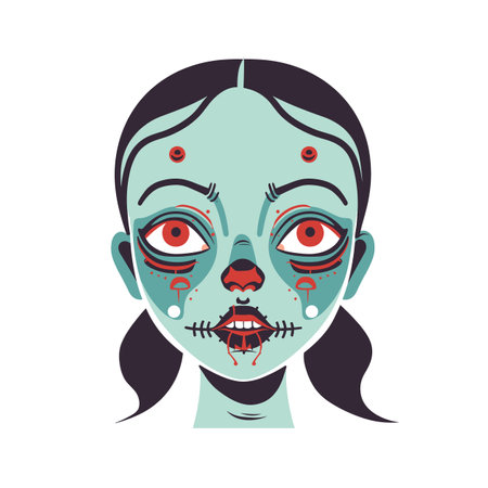 Day Dead inspired female face, vibrant sugar skull makeup, traditional Mexican Dia de los Muertos celebration design. Young woman, stylized Calavera decoration, isolated white background, turquoiseのイラスト素材