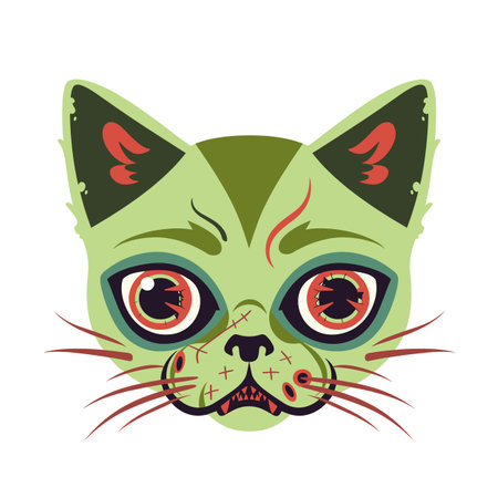 Zombie cat illustration, green fur, scary red eyes, stitches, scars. Halloween themed graphic, cartoon feline, undead spooky pet vampirelike fangs. Isolated white background, creepy cute animalのイラスト素材