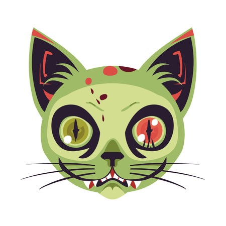 Zombie cat illustration large eerie eyes fangs. Green faced cat cartoon character depicting horror, Halloween theme isolated white background. Spooky feline head red accents infections, digital artのイラスト素材