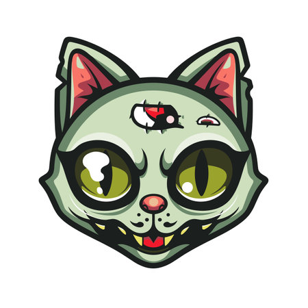 Zombie cat face cartoon illustration, green fur, red inner ears, asymmetric zombie eyes, black red. Cute undead kitten, stylized whiskers, mischievous smiling, Halloween theme, cartoon styleのイラスト素材