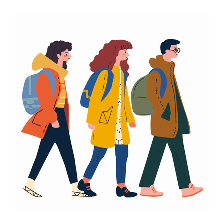 Three young adults walking side side, fashionably dressed colorful outerwear. Man right wears glasses, olive coat, backpack, caucasian, smiling. Women sport raincoats, one red curly hairedのイラスト素材
