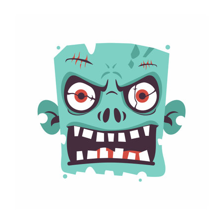 Cartoon zombie head illustration isolated white background, featuring wide eyes, sharp teeth, green skin. Zombie face graphic scary expression, perfect Halloween themed projects. Cute spooky undeadのイラスト素材