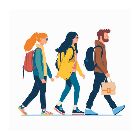 Three young adults walking side side, two female, one male, casual style backpacks. Students walking, trendy outfits, colorful sneakers, engaged conversation, urban setting. Group friends go, modernのイラスト素材