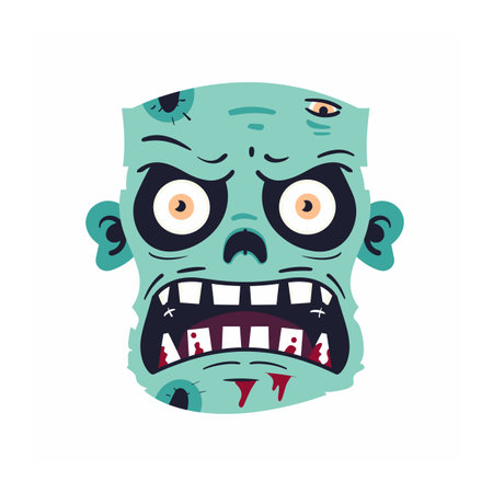 Zombie head cartoon illustration isolated white background. Green skin undead monster bulging eyes scary expression. Halloween spooky character, horror theme graphic designのイラスト素材