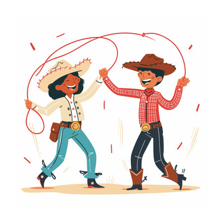 Two cartoon cowboys dancing joyfully, one swinging lasso. Both wearing hats, boots, belts, smiling faces confetti air. Illustration happy, festive Westernthemed celebrationのイラスト素材