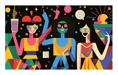 Three stylized women celebrate party, popping champagne, dancing, festive atmosphere. Colorful modern art style, abstract shapes, geometric patterns, lively party vibe, joyous celebration. Retroのイラスト素材