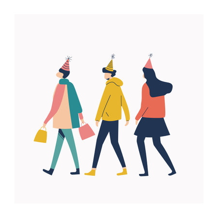 Three people walking wearing party hats, stylish casual clothing, two carrying shopping bags. Friends celebrating, shopping together, colorful modern illustration. Graphic design celebrationのイラスト素材