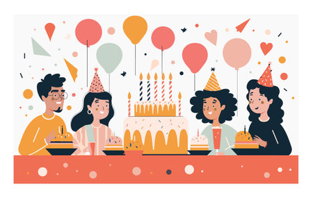 Four diverse friends celebrate birthday party together, wearing party hats blowing candles cakes. Happy expressions, colorful balloons confetti enhance festive atmosphere. Group enjoys table laidのイラスト素材