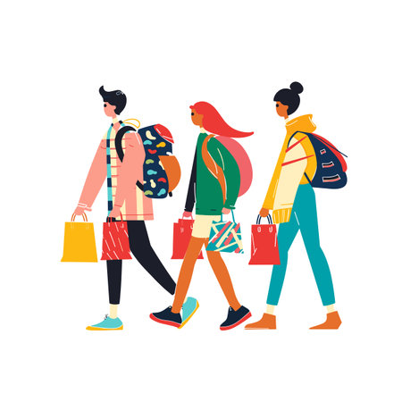 Three young adults walk side side, engaged shopping. Man women carry colorful shopping bags, showcasing contemporary fashion leisure activity. Stylized vector illustration, modern casual attireのイラスト素材