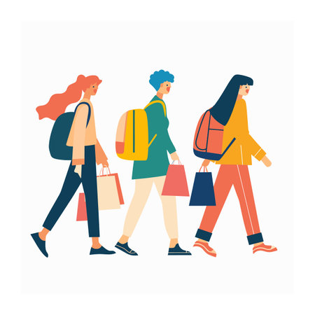Three women walking side side carrying shopping bags backpacks, trendy attire. Women enjoying shopping, colorful clothes, casual fashion style, modern female characters. Shopping friendsのイラスト素材