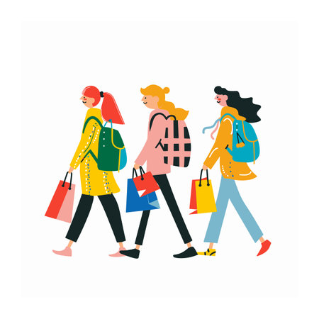 Three women shopping, carrying colorful bags, walking side side. Diverse females, casual fashion, joyful consumer activity. Friends enjoy retail therapy, vivid outfits hairstyles, modern lifestyleのイラスト素材