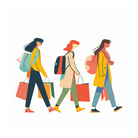 Three women walking side side carrying shopping, woman wears unique casual clothing carries different sizes. Group friends enjoying shopping spree, fashion, leisure conceptのイラスト素材