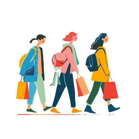 Three young adults walking side side carrying shopping bags. Diverse women illustrated stylish casual wear enjoying retail therapy. Modern flat graphic design friends shopping spreeのイラスト素材