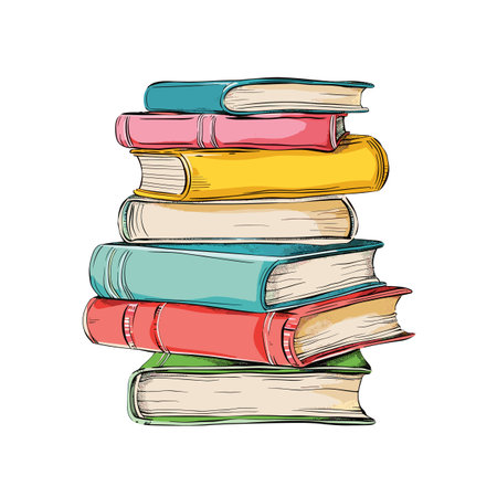 Stacked colorful books sketch drawing isolated white background. Handdrawn pile rainbowcolored textbooks, education knowledge concept. Artistic representation multicolored closed book stackのイラスト素材
