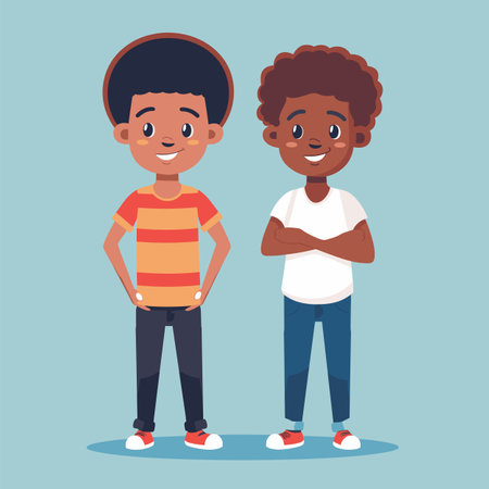 Two cheerful African American boys standing confidently. Boys cartoon characters, one wearing orange striped shirt jeans, white tee blue jeans. Happy young friends hands hips, smiling, casualのイラスト素材