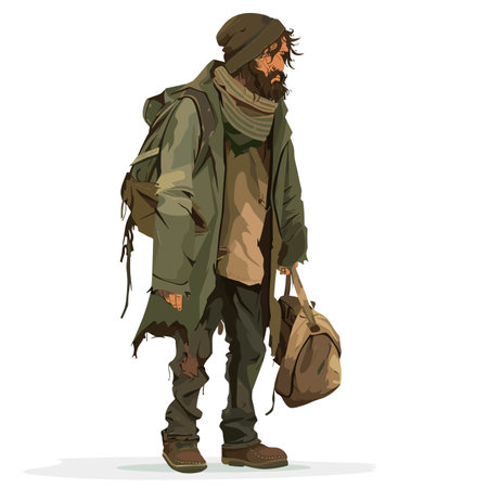 Homeless man standing alone, tattered clothes, disheveled bearded male carrying bag. Worn out boots, unshaven face, rugged look vagabond wanderer. Drifter weary expression, life poverty, struggleのイラスト素材