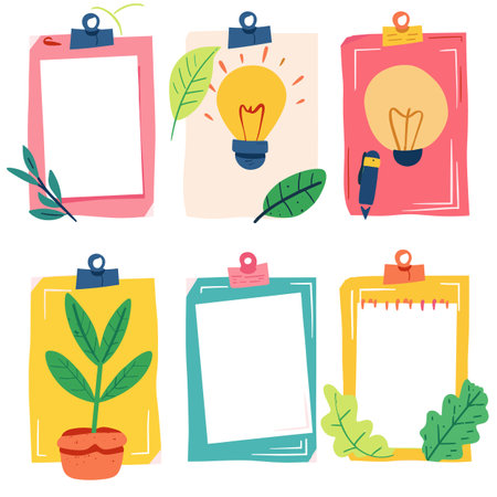Assorted colored clipboard illustrations leaves ideas creativity blank space text. Handdrawn clipboards pink, yellow, red, light bulbs, plant pot, leaves, clear spaces. Cartoonstyle designのイラスト素材