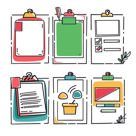 Set colorful clipboard illustrations, different design elements. Clipboards paper, pens, checkboxes, plant doodle. Bright colors, line art, vector graphic style, isolated white backgroundのイラスト素材