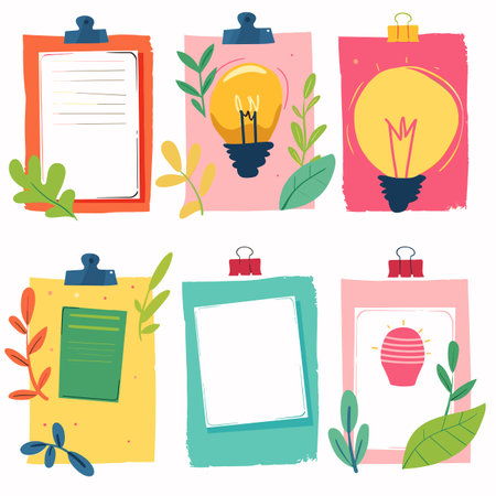 Clipboards light bulb ideas colorful creative flat design concept. Empty forms ready text checklist, innovation symbols surrounded plants. Artistic stationery collection brainstorming activitiesのイラスト素材