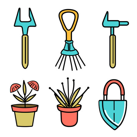 Gardening tools plants vector illustration isolated white background. Cartoon garden equipment collection, colorful drawn style. Flat design potted plants, tools gardening hobbyのイラスト素材