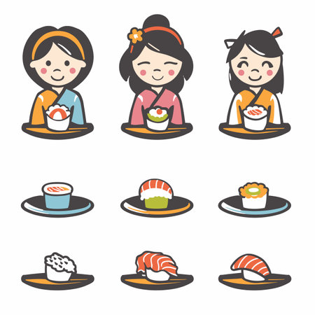 Three cute cartoon characters wearing traditional Japanese kimonos serving sushi, character smiles gently, accompanied different sushi dish such nigiri maki plates. Japanese cuisine, sushi iconsのイラスト素材
