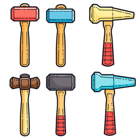 Collection various hammers, colorful cartoon style, tools construction, carpentry, repair. Six different types hammers, primary colors, hand tools, isolated white background, equipment DIY tasksのイラスト素材