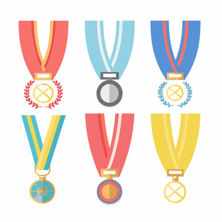 Set six colorful award medals vector illustration. Flat design sports competition achievement medals isolated white background. Ribbons medallions represent accomplishment, victory, honorのイラスト素材