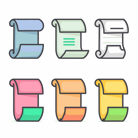 Six colorful paper scrolls, flat design vector illustration, different colors styles, cartoonish look. Document icons, represent certificates, ancient manuscripts, scrolls games. Concept graphicのイラスト素材
