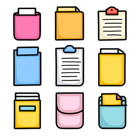 Collection colorful cartoonstyle file folders clipboards illustrating document organization. Bright primary secondary colors make folders clipboards stand out. Artwork suitable office, organizationのイラスト素材