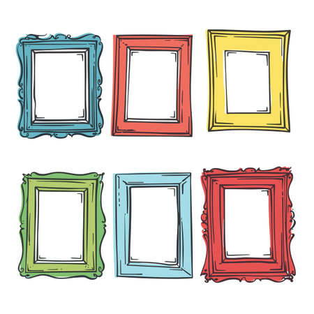 Six colorful handdrawn picture frames featuring vibrant hues ornate details isolated white background. Various shapes ornamental designs offer decorative options gallery wall art displays. Sketchyのイラスト素材