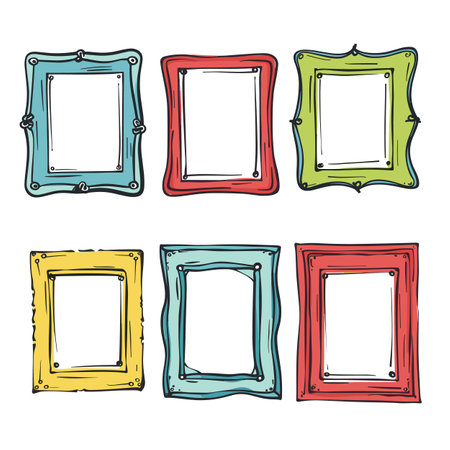 Set six colorful handdrawn picture frames. Doodle frames, various shapes, isolated white background. Cartoonstyle decorative elements gallery, memories, artのイラスト素材