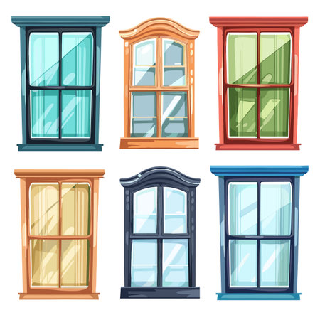 Collection colorful cartoonstyle windows, unique frame designs. Various architectural window styles, suitable different building facades. Artistic graphic elements construction real estate themesのイラスト素材