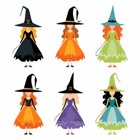 Collection six witches illustrated, various dresses hats, witch poses differently, cartoon style, vibrant colors. Set magical female characters, isolated white backgroundのイラスト素材