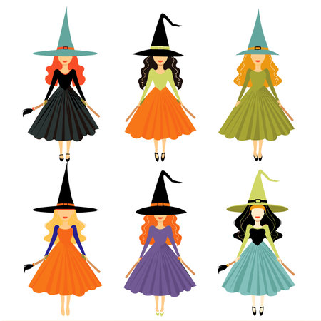 Six cartoon witches, various dress colors, pointy hats. Female witches, Halloween costumes, illustrated characters. Witches different hair colors, flying brooms, isolatedのイラスト素材