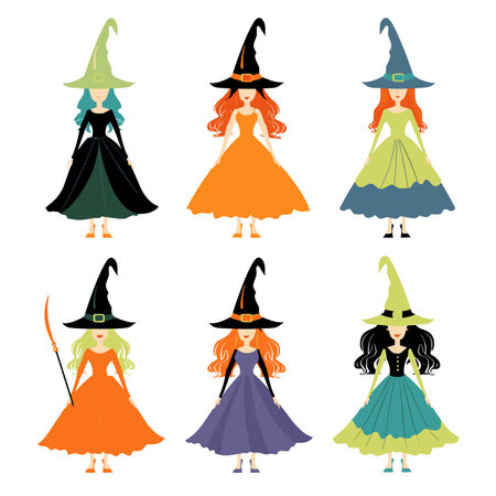 Six witches illustrated, diverse hair colors, magical outfits, pointy hats. Fantasy witches, charming dresses, standing poses, colorful witch costumes, enchanting characters. Cute witchesのイラスト素材