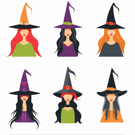 Six female witches cartoon characters Halloween costumes colorful hats. Flat style vector illustration isolated white background distinct hair colors. Diverse witch avatars party decoration festiveのイラスト素材